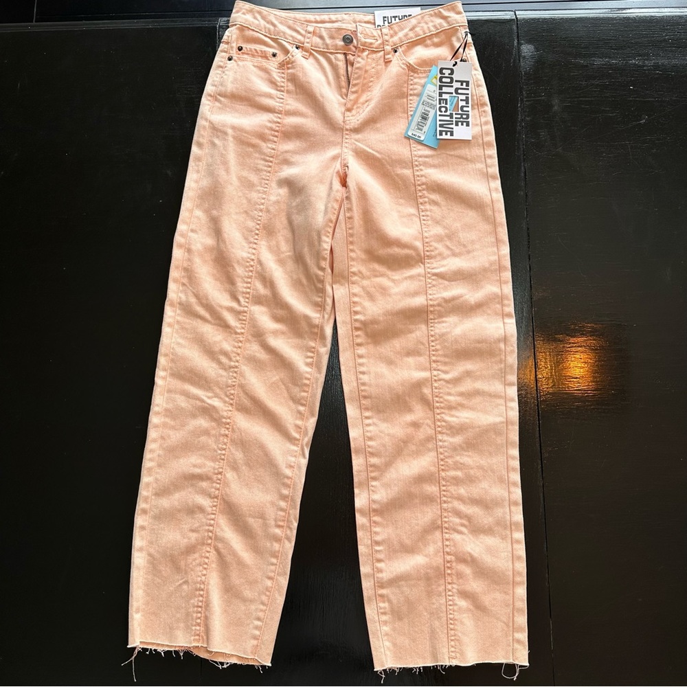NWT Future Collective Size 0 Pink Denim Jeans No Holes Wide leg Mom Jean